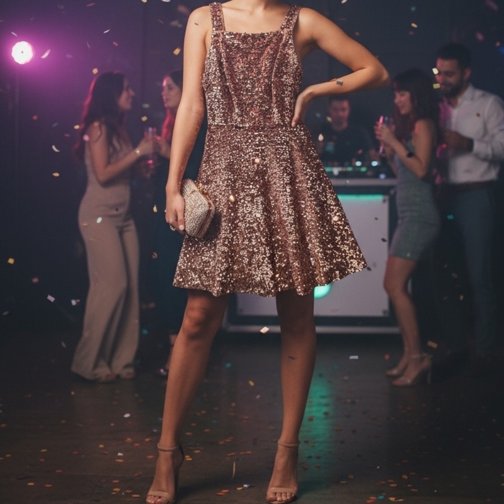 LAUNDRY BY SHELLI SEGAL Rose Gold Sequin Square Neck Fit Flare Dress Size 2